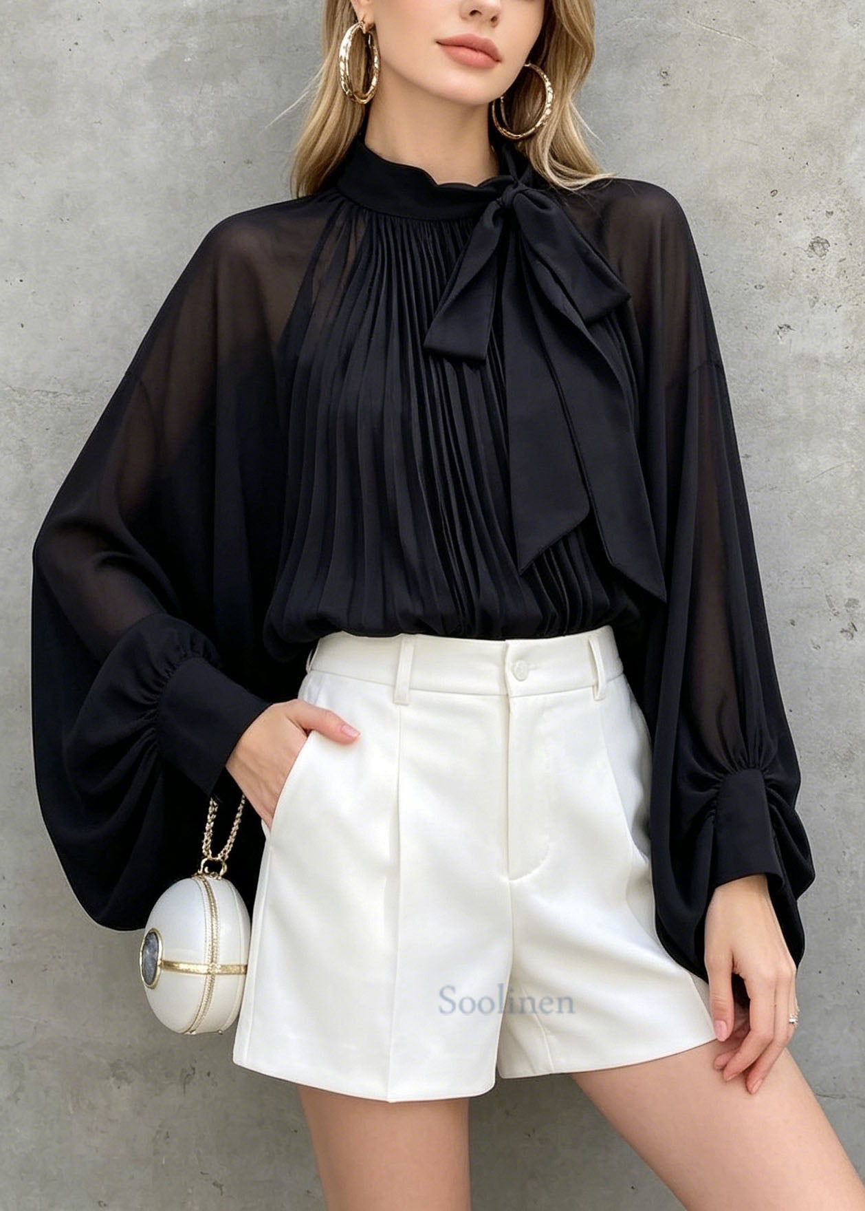 French Black Bow Wrinkled Chiffon Shirts Tops Spring