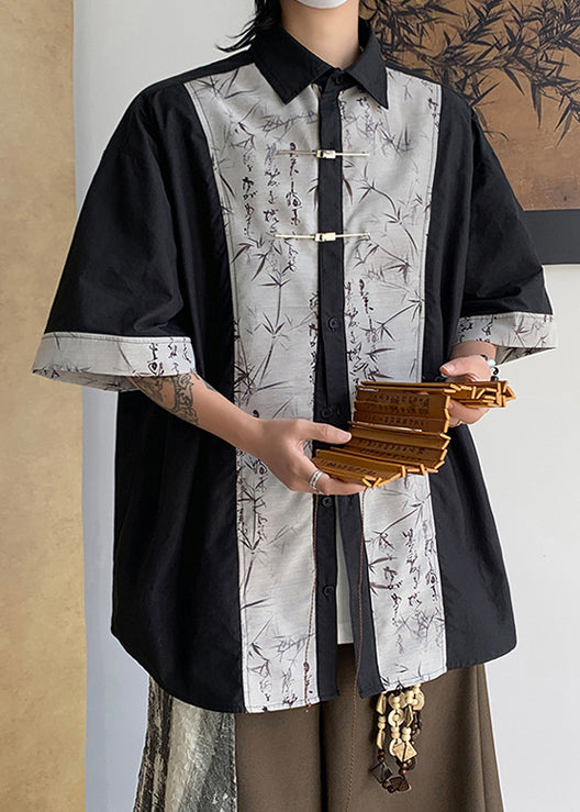 French Black Button Print Patchwork Cotton Shirt Summer