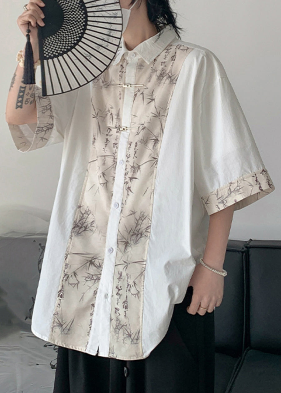 French Black Button Print Patchwork Cotton Shirt Summer