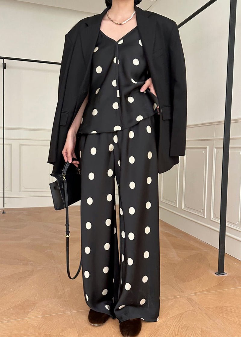 French Black Dot Print Strap and Pants Silk Two Pieces Set Summer