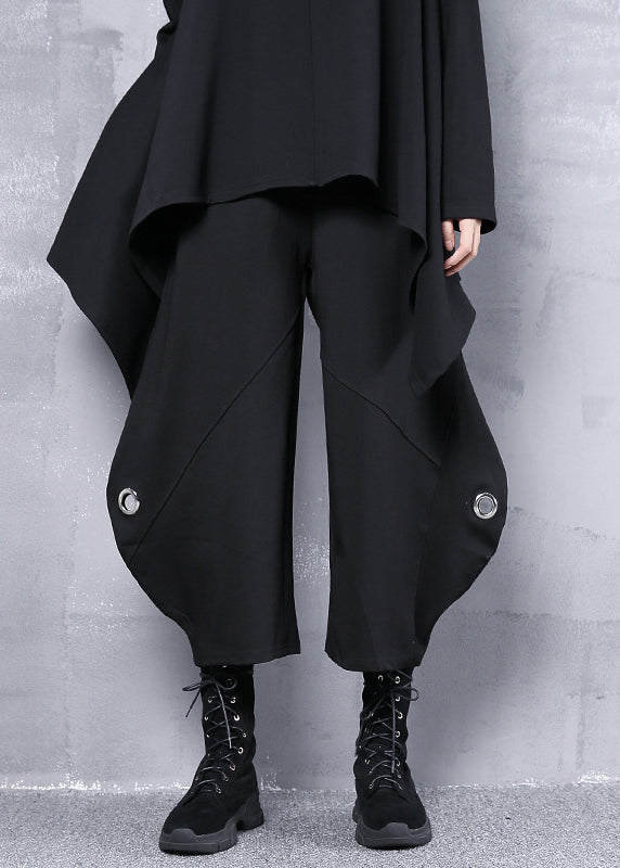 French Black Elastic Waist Iron Ring Pockets Harm Pants Summer