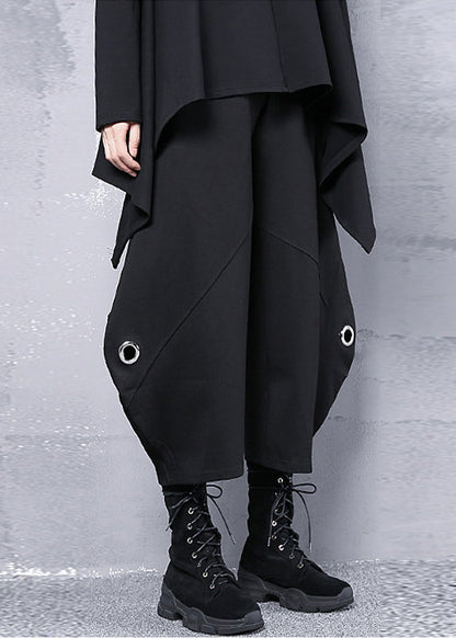French Black Elastic Waist Iron Ring Pockets Harm Pants Summer
