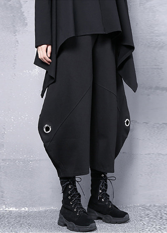 French Black Elastic Waist Iron Ring Pockets Harm Pants Summer