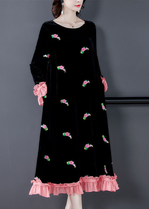 French Black Embroideried Velour Dress Spring