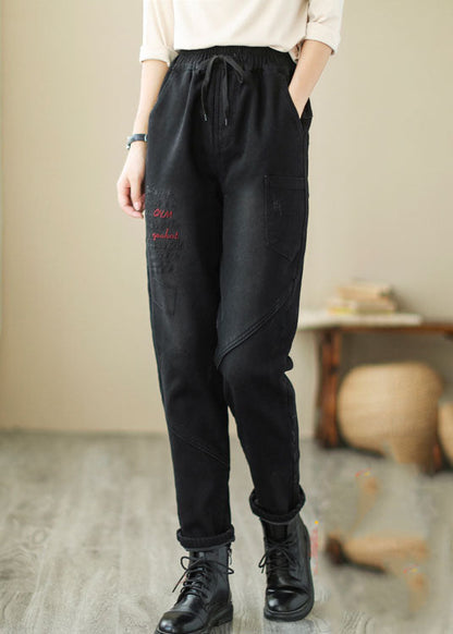 French Black Embroideried Patchwork Denim Pants Winter