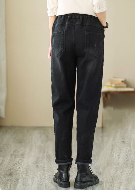 French Black Embroideried Patchwork Denim Pants Winter