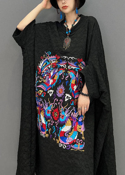 French Black Printing Wrinkled Dresses Gown Batwing Sleeve