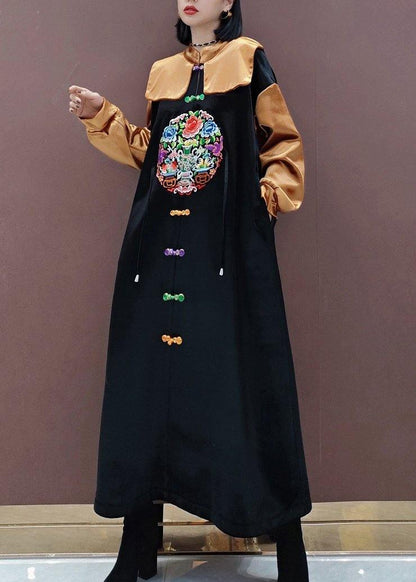 French Black Embroidery Tunic Stand Collar Patchwork Spring Dresses