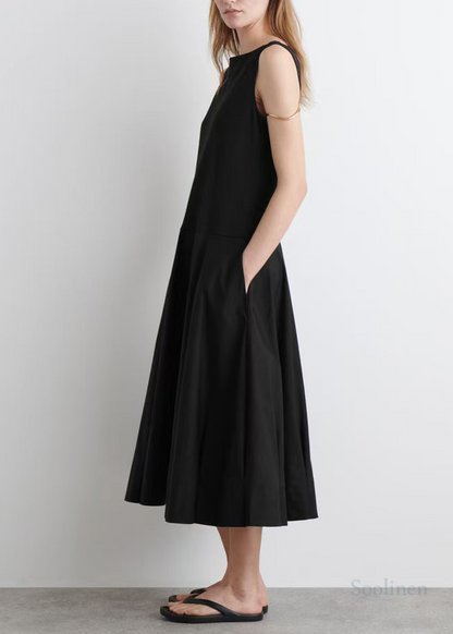 French Black Exra Large Hem Cotton Long Dress Sleeveless