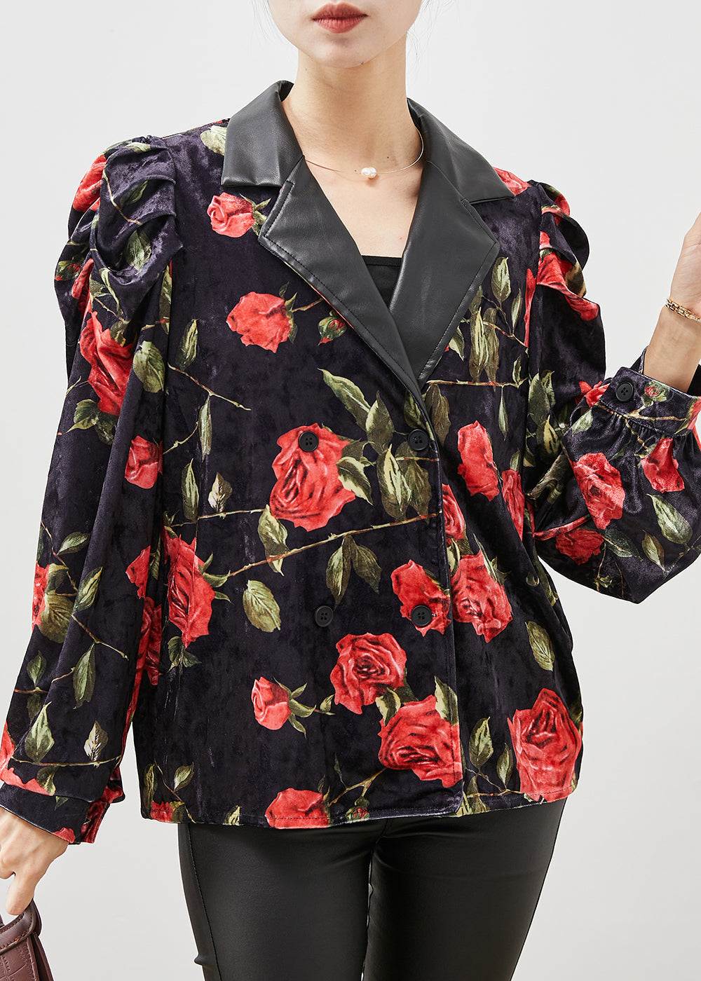 French Black Double Breast Velour Coats Puff Sleeve
