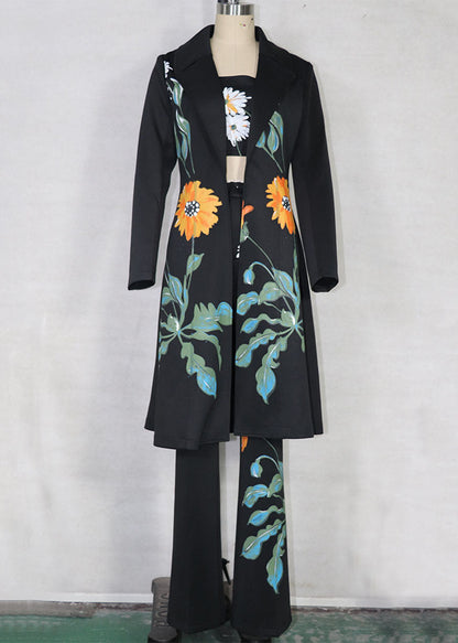 French Black Print Chiffon Cinch Trench Coats and Pants Three Piece Set Spring