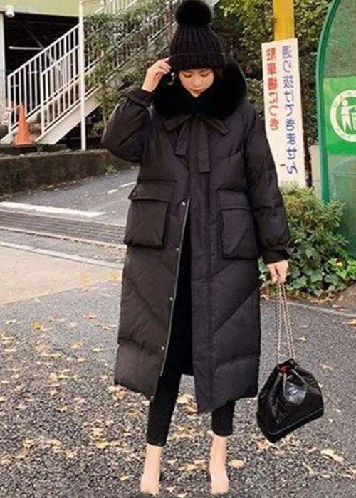 French Black Fur Collar Zip Up Pockets Duck Down Puffer Coat Winter