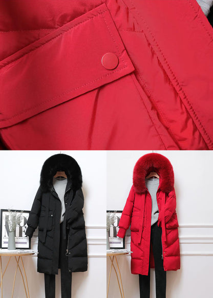 French Black Fur Collar Zip Up Pockets Duck Down Puffer Coat Winter