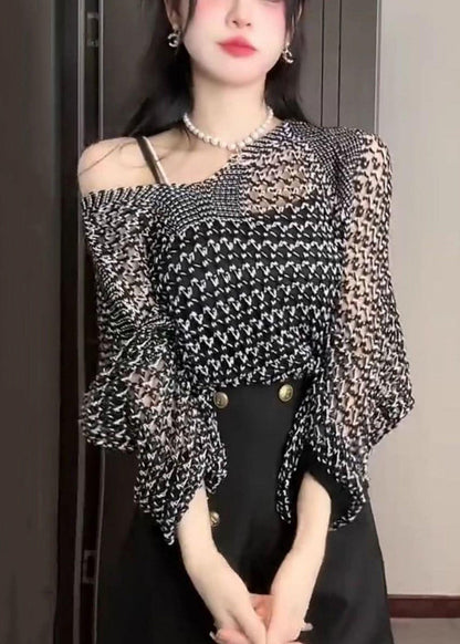 French Black Hollow Out Thin Knit Sweater Batwing Sleeve