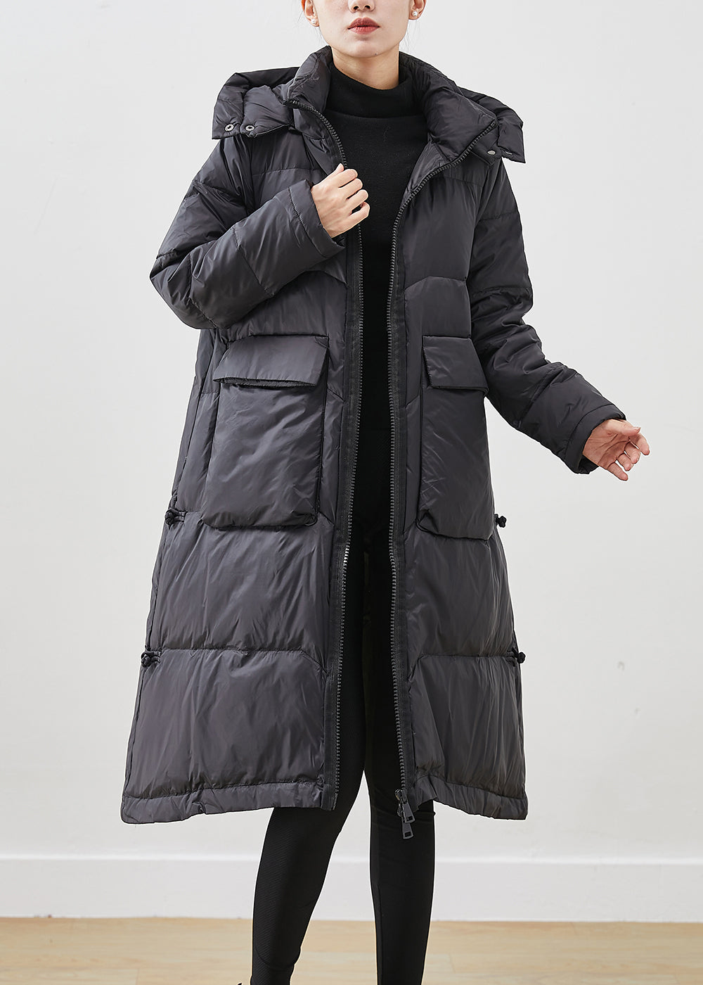 French Black Hooded Big Pockets Duck Down Jacket in Winter