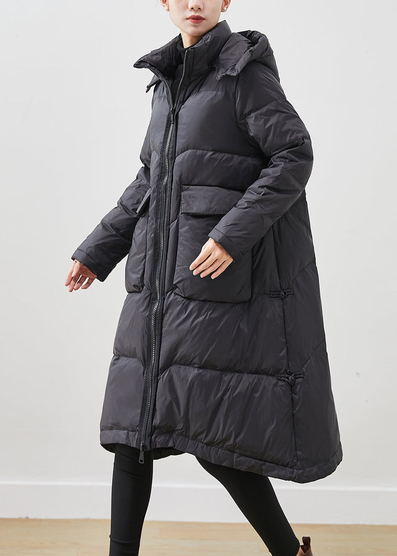 French Black Hooded Big Pockets Duck Down Jacket in Winter