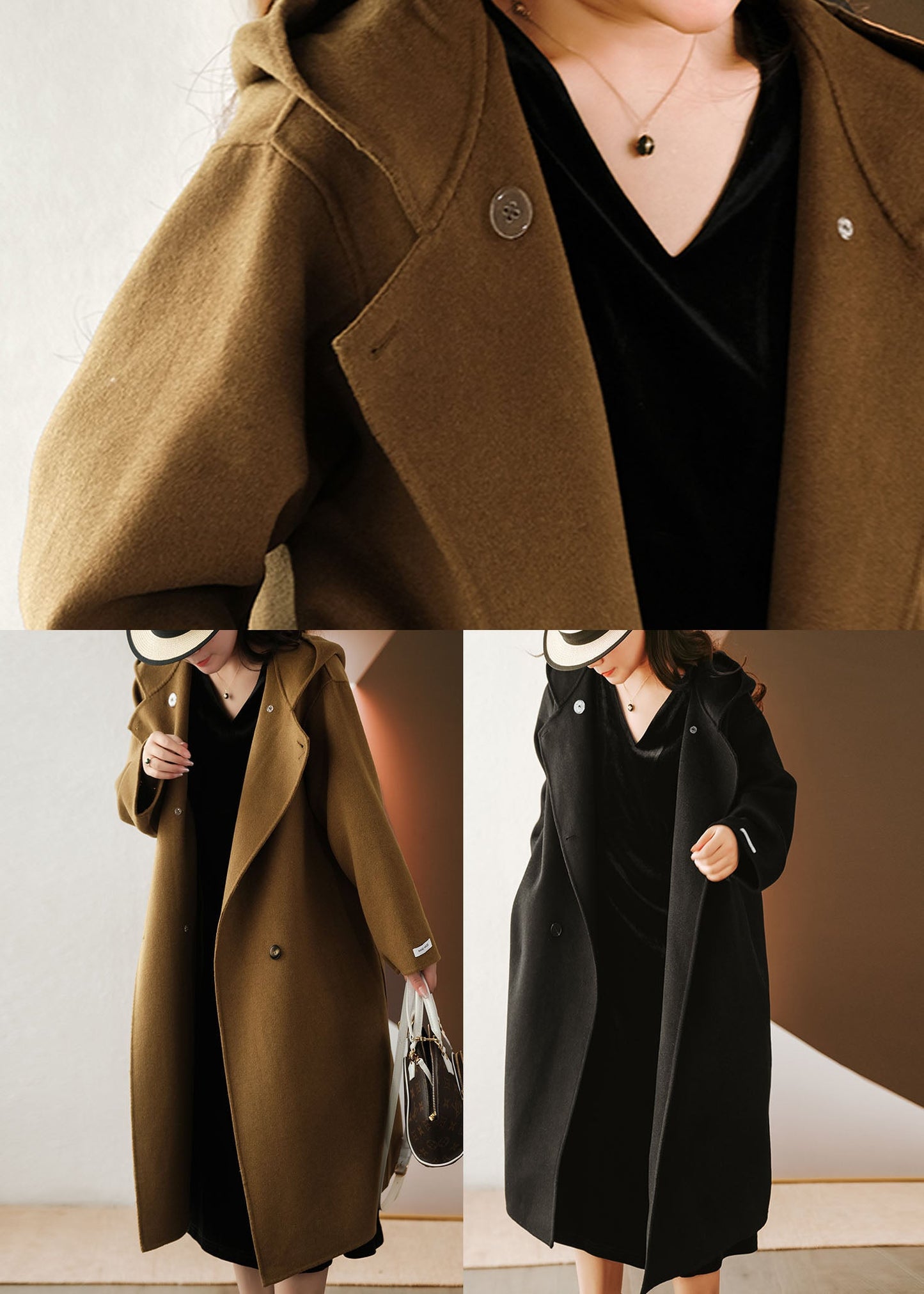 French Black Hooded Color Woolen Loose Trench Winter