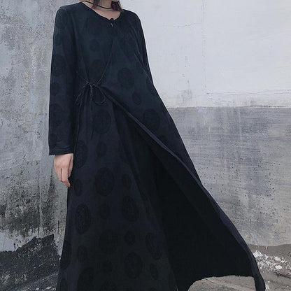 French Black Jacquard Clothes O Neck Tie Waist Long Spring Dress