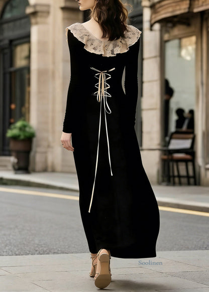 French Black Lace Patchwork Wear on Both Sides Cotton Maxi Dress Lace Up Spring