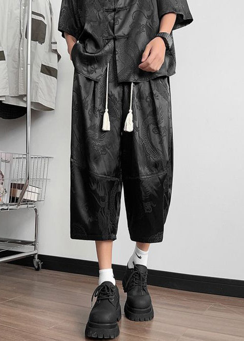 French Black Lace Up Pockets Ice Silk Crop Pants Summer