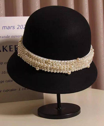 French Black Nail Bead Woolen Bucket Hat