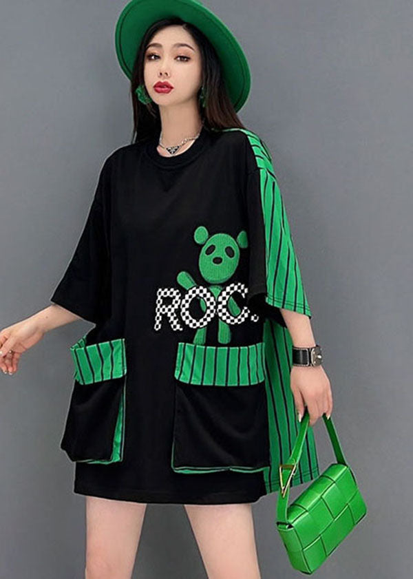 French Black O-neck Character Print Patchwork Striped Oversized Pockets Cotton Tanks Tops Short Sleeve