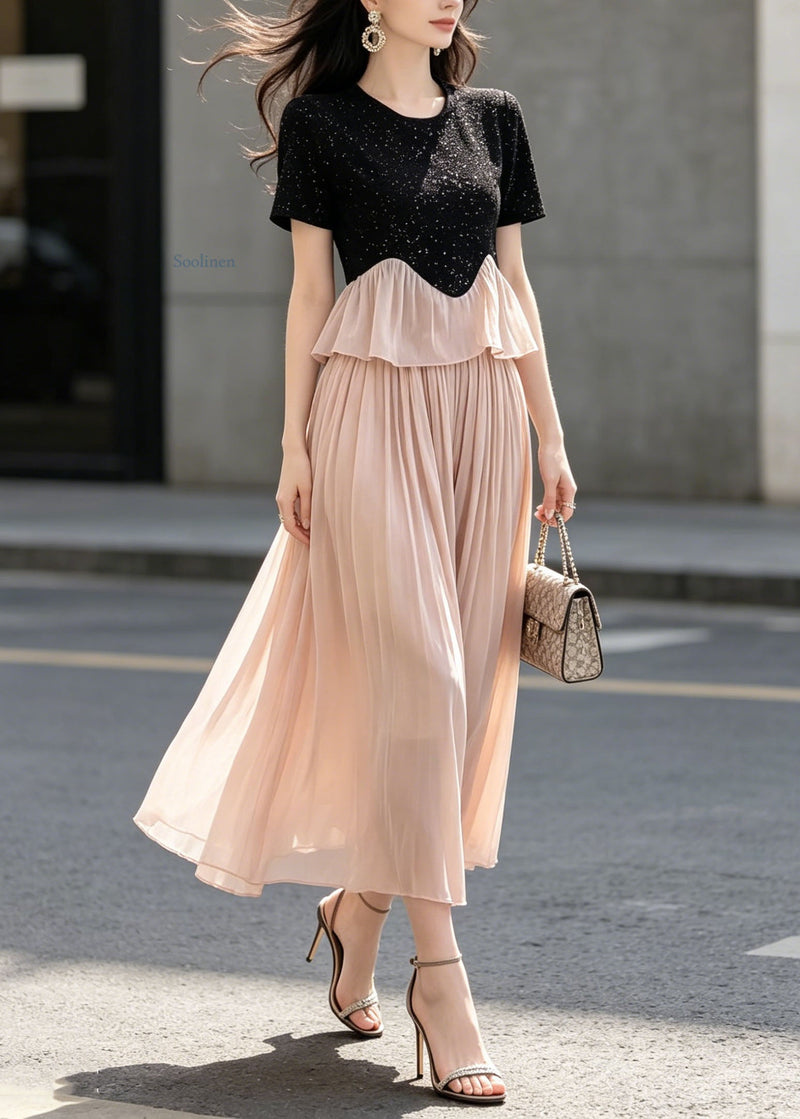 French Black O Neck Cotton Top Patchwork and Pink Tulle Pants Skirt Two Piece Set Summer