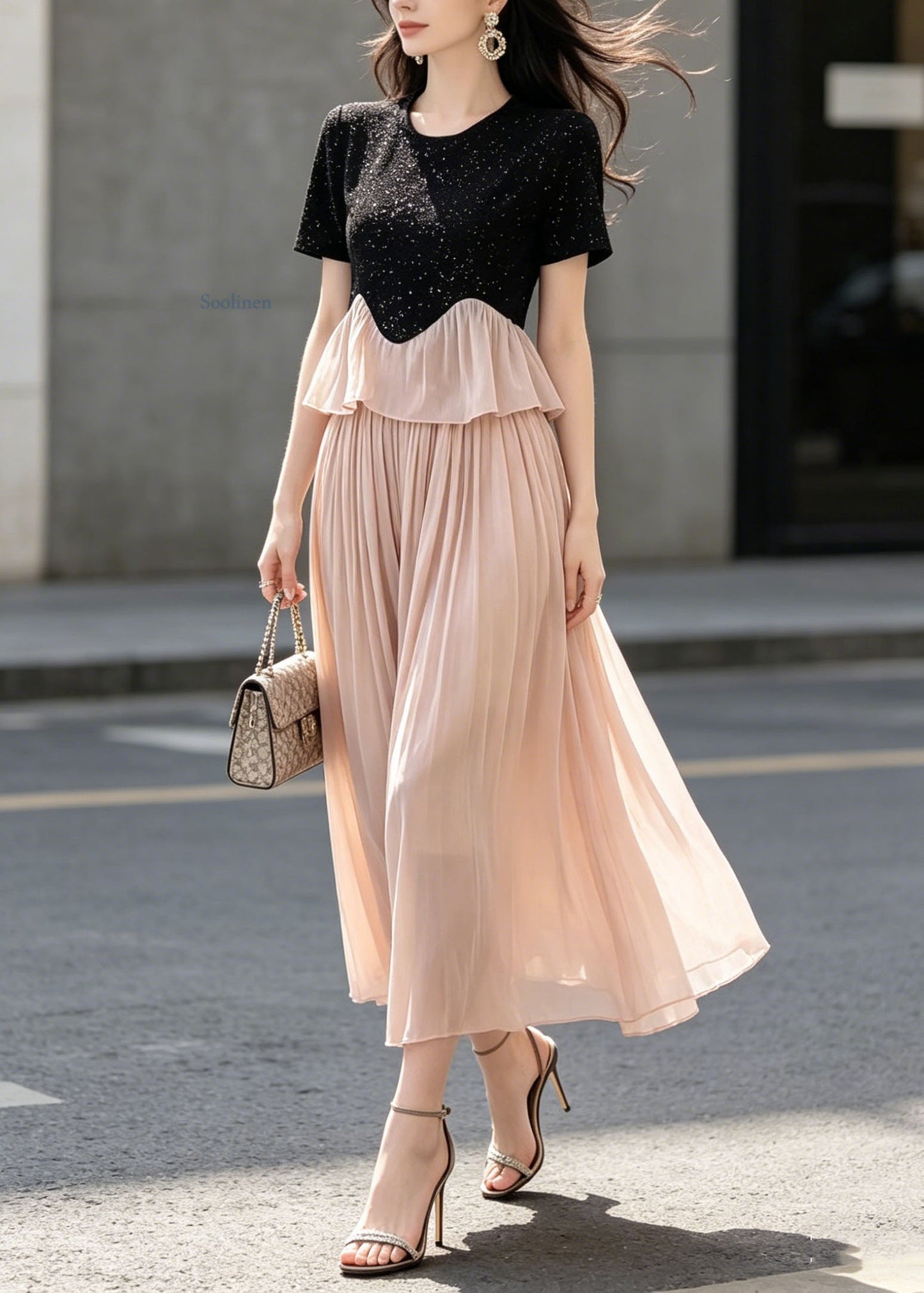 French Black O Neck Cotton Top Patchwork and Pink Tulle Pants Skirt Two Piece Set Summer