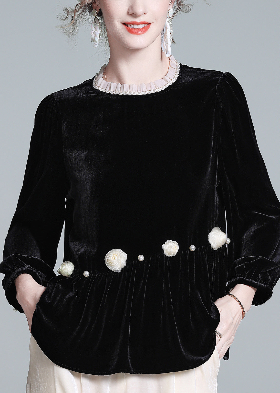 French Black O-Neck Floral Wrinkled Silk Velour Top Lantern Sleeve