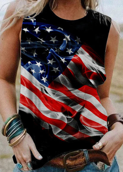 French Black O-neck Independence Day Print Cotton Tank Top Summer