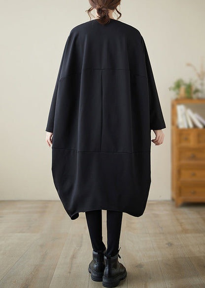 French Black O-neck Low High Design Cotton Dress Fall