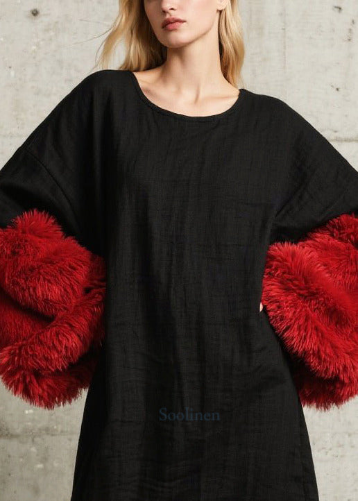 French Black O-neck Patchwork Faux Fur Straight Dresses Fall