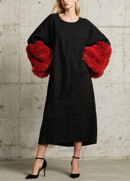 French Black O-neck Patchwork Faux Fur Straight Dresses Fall