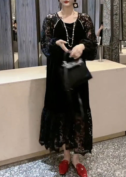 French Black O-neck Patchwork Hollow Out Lace Holiday Long Dress Long Sleeve