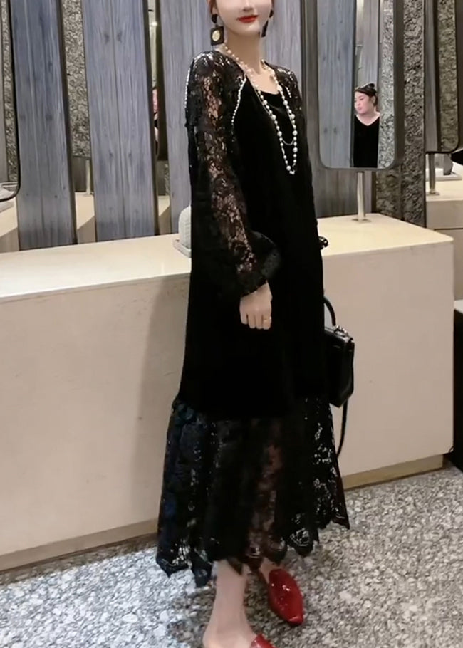 French Black O-neck Patchwork Hollow Out Lace Holiday Long Dress Long Sleeve