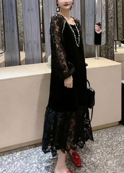 French Black O-neck Patchwork Hollow Out Lace Holiday Long Dress Long Sleeve