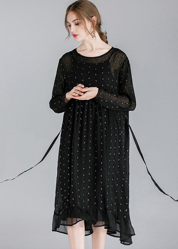 French Black O-neck Patchwork Ruffled Chiffon Dress Two Pieces Set Spring