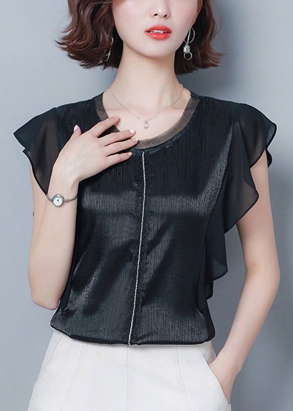 French Black O-neck Patchwork Ruffles Silk Blouse Top Summer