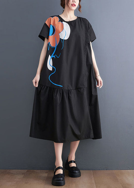 French Black O-neck Patchwork Wrinkled Cotton Party Dress Summer