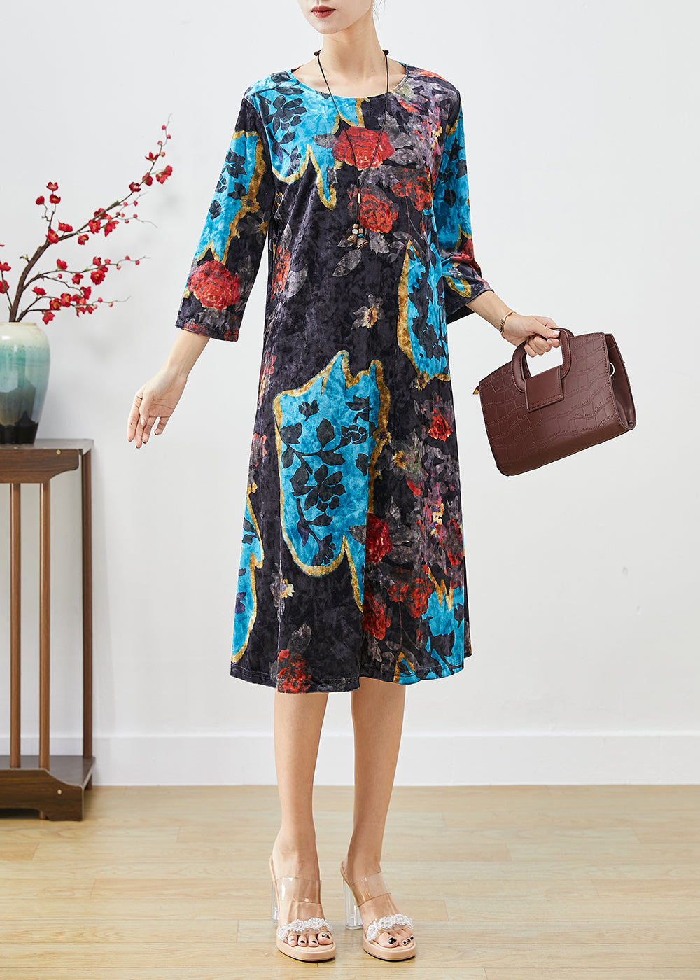 French Black O-neck Print Silk Velour Maxi Dresses Bracelet Sleeve