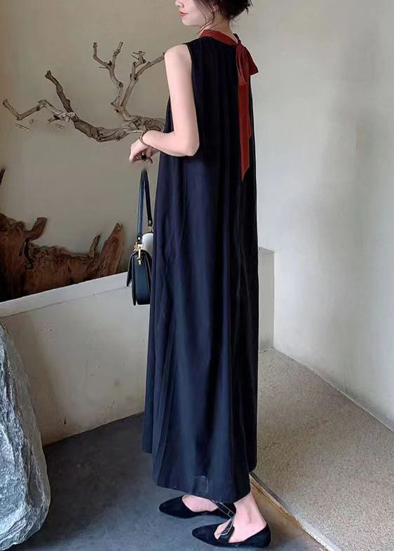 French Black O-neck Wrinkled Cotton Dresses Sleeveless