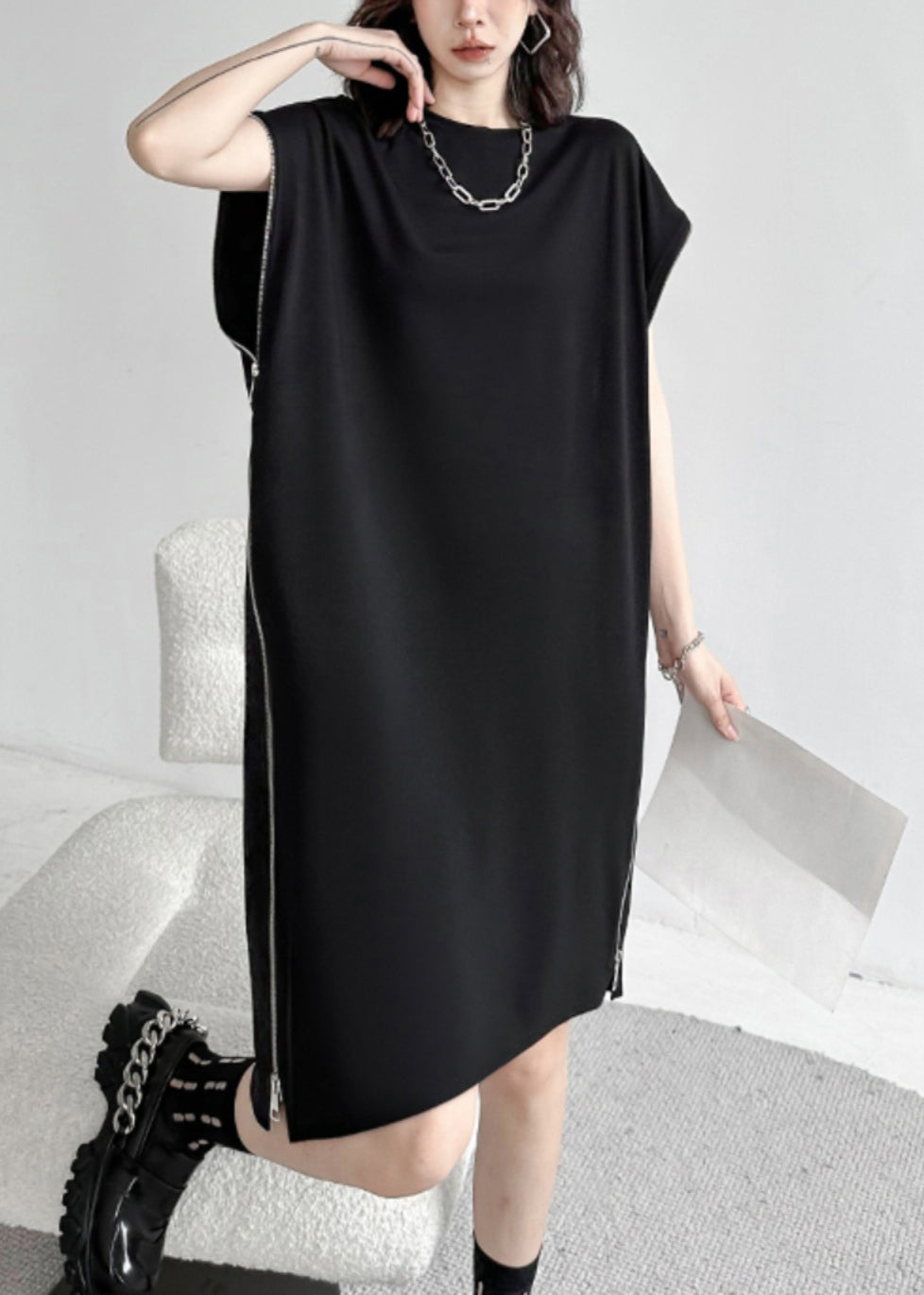 French Black O-neck Zip Up Patchwork Cotton Mid Dress Summer