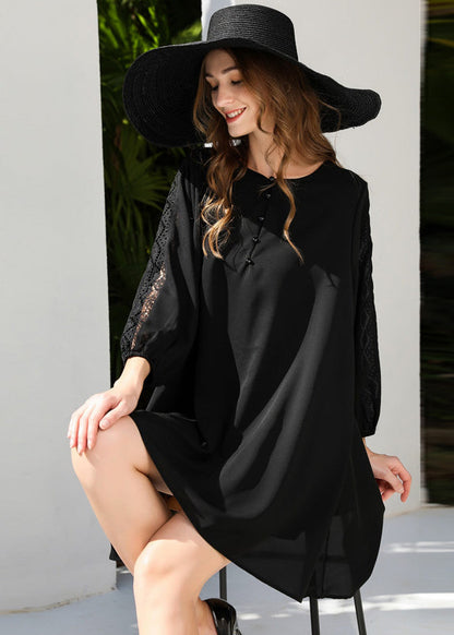 French Black Oversized Patchwork Lace Chiffon Dresses Bracelet Sleeve