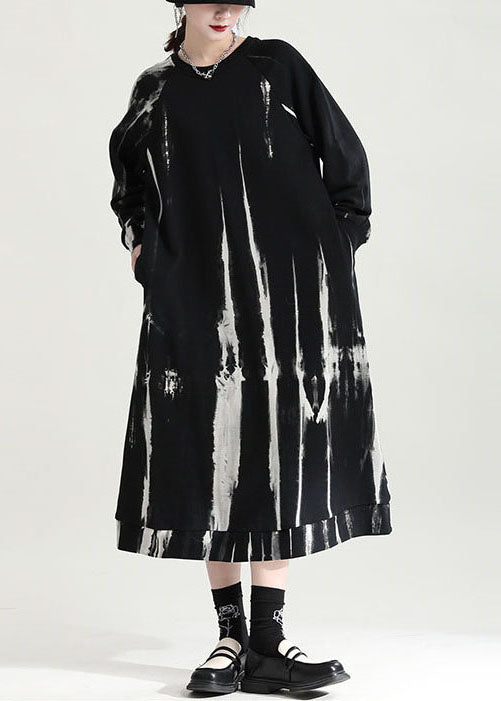 French Black Oversized Tie Dye Cotton Pullover Dress Fall