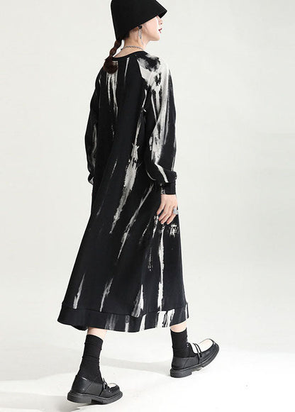 French Black Oversized Tie Dye Cotton Pullover Dress Fall