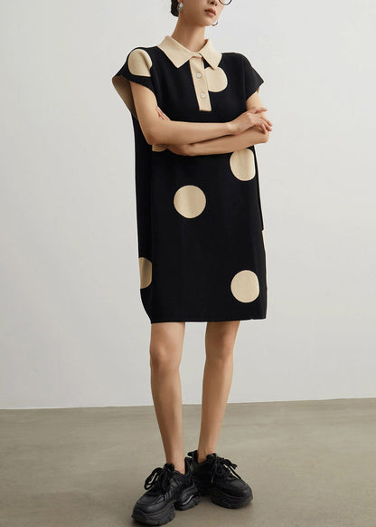 French Black Peter Pan Collar Button Dot Knit Mid Dress Summer