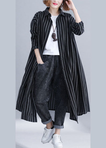 French Black Peter Pan Collar Button Pockets Striped Fall Long Sleeve Shirt Top