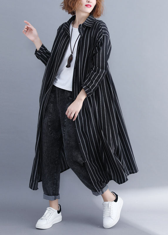 French Black Peter Pan Collar Button Pockets Striped Fall Long Sleeve Shirt Top