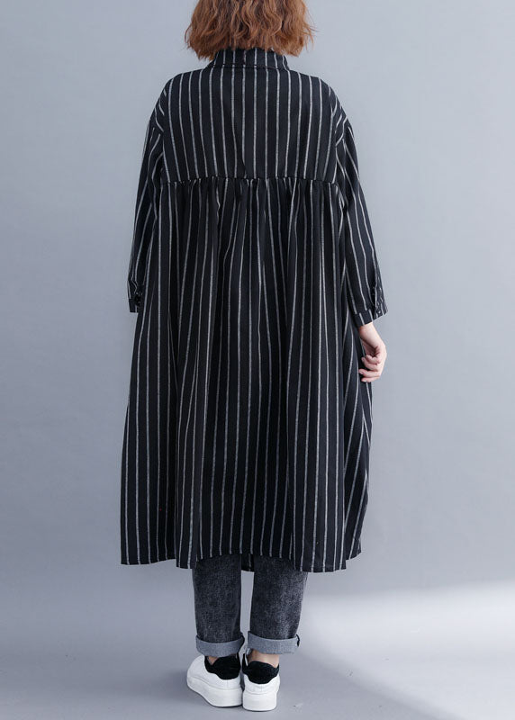 French Black Peter Pan Collar Button Pockets Striped Fall Long Sleeve Shirt Top