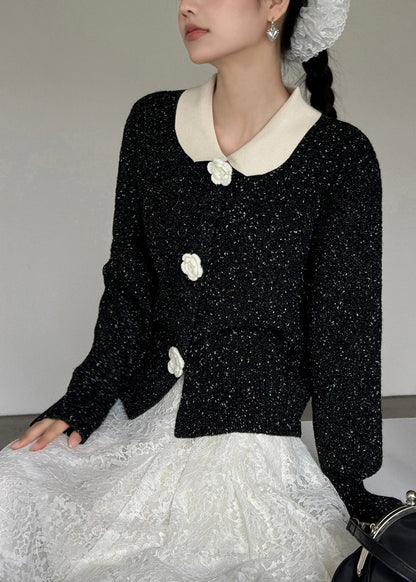 French Black Peter Pan Collar Button Knit Cardigan Spring